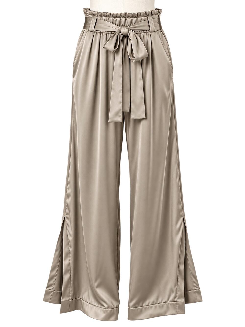 Joie Satin Wide Leg Paperbag Pants Taupe - Size L - NWT - Tie Waist Slit Hem